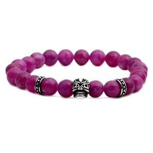 Purple Agate Stone Silver Skull Stretch Bracelet